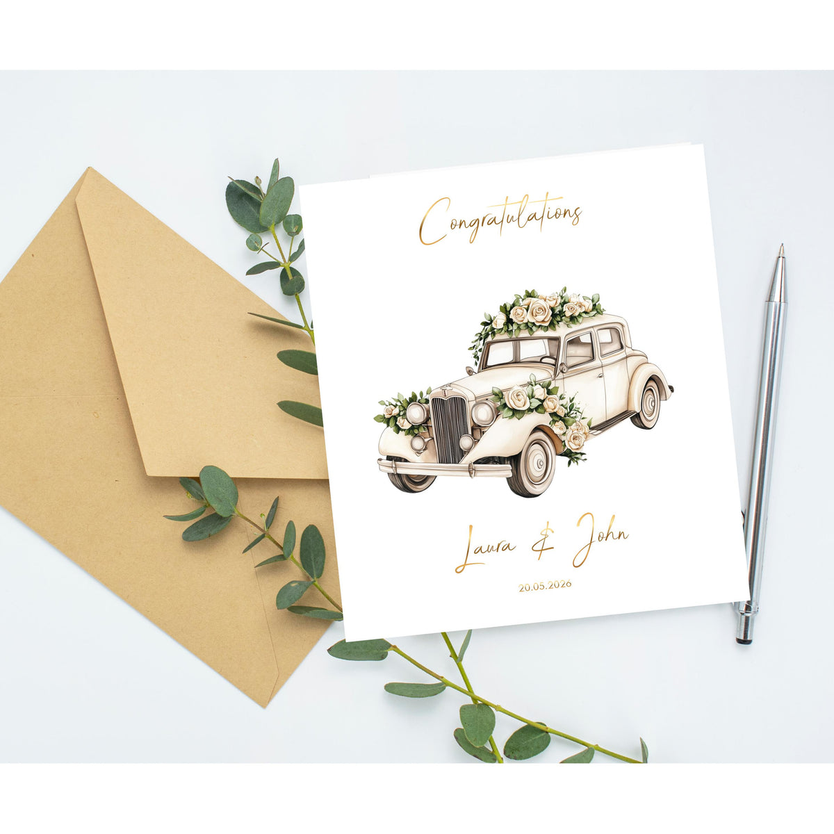 Personalised Vintage Wedding Card, Floral Car Design with Gold Foil