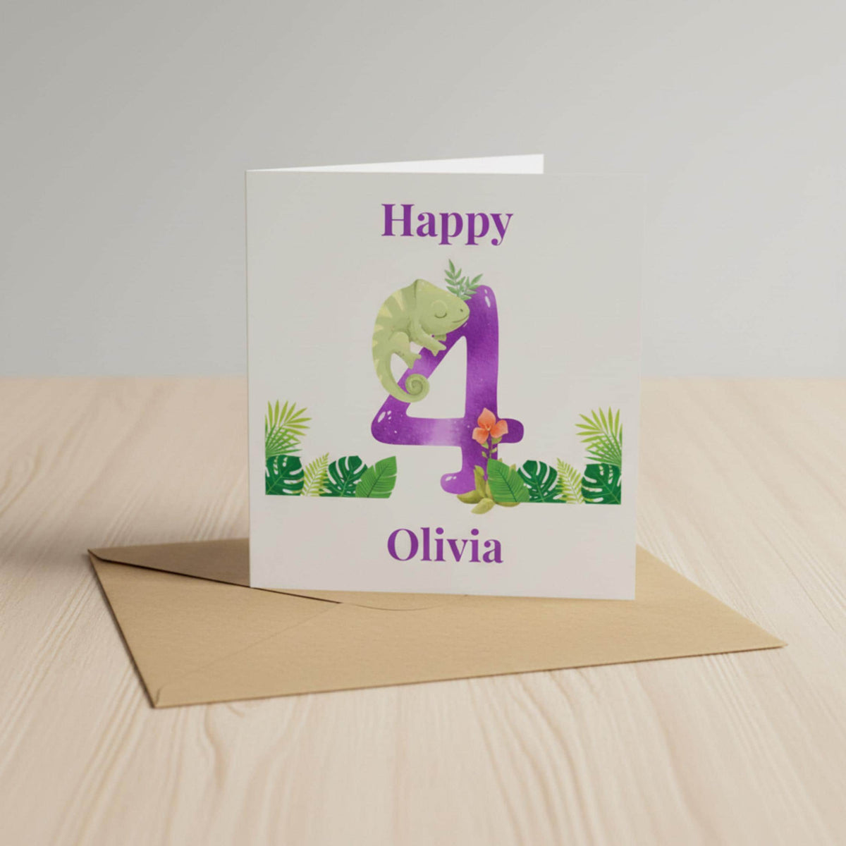 Personalised 4th Birthday Card, Chameleon Jungle Design for Girls