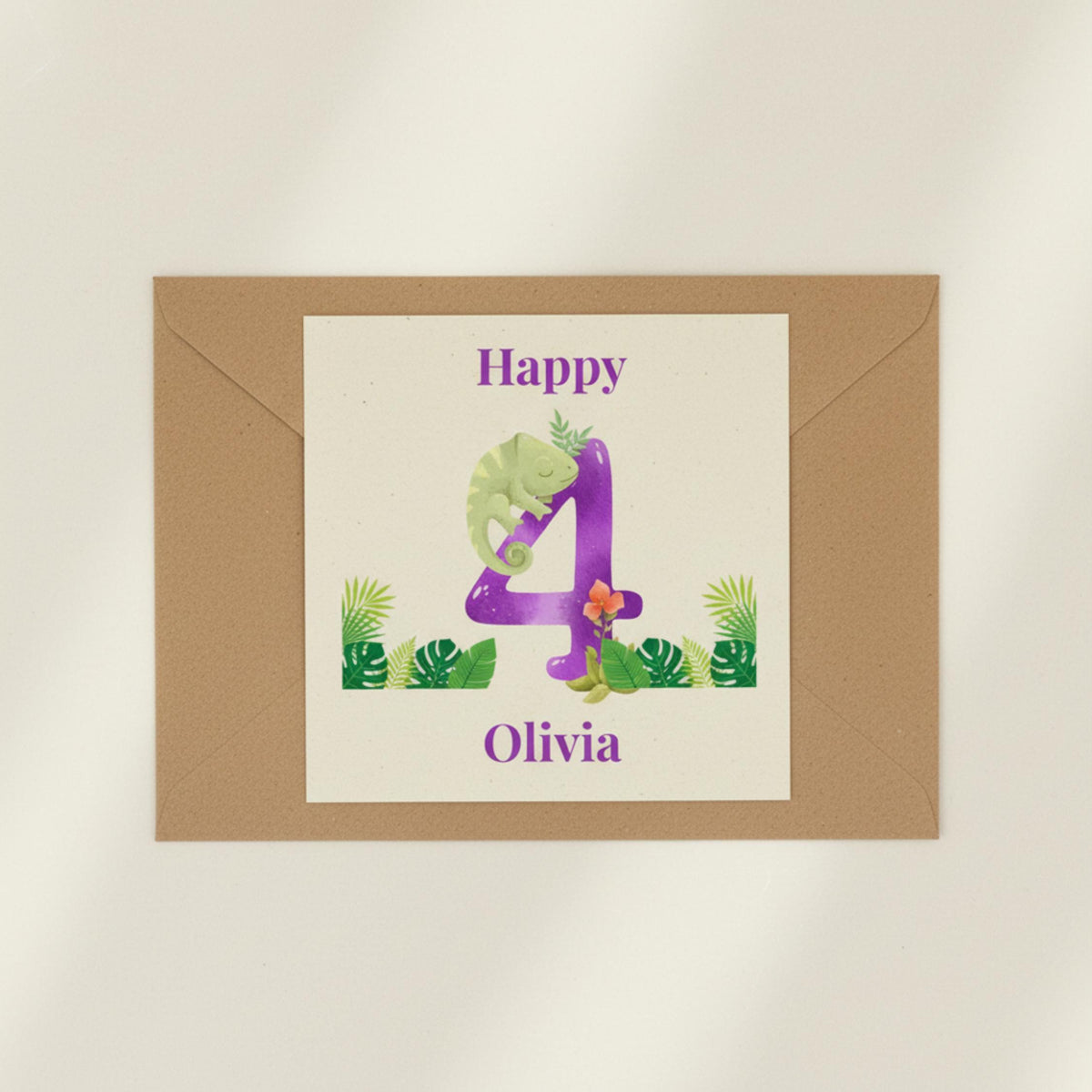 Personalised 4th Birthday Card, Chameleon Jungle Design for Girls