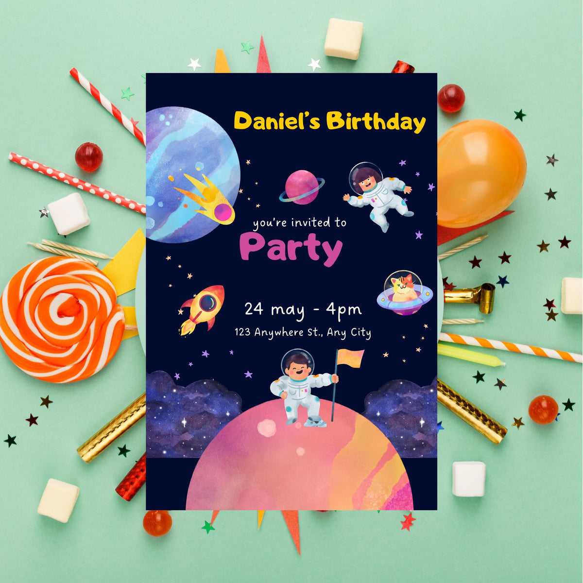 Space Birthday Party Invitation, Customizable Kids Invite for Outer Adventure