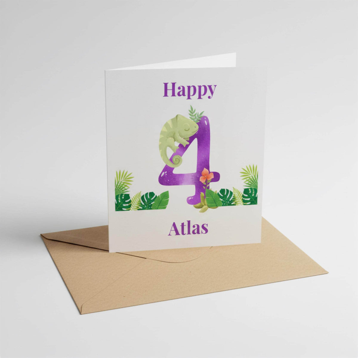 Personalised 4th Birthday Card, Chameleon Jungle Design for Girls