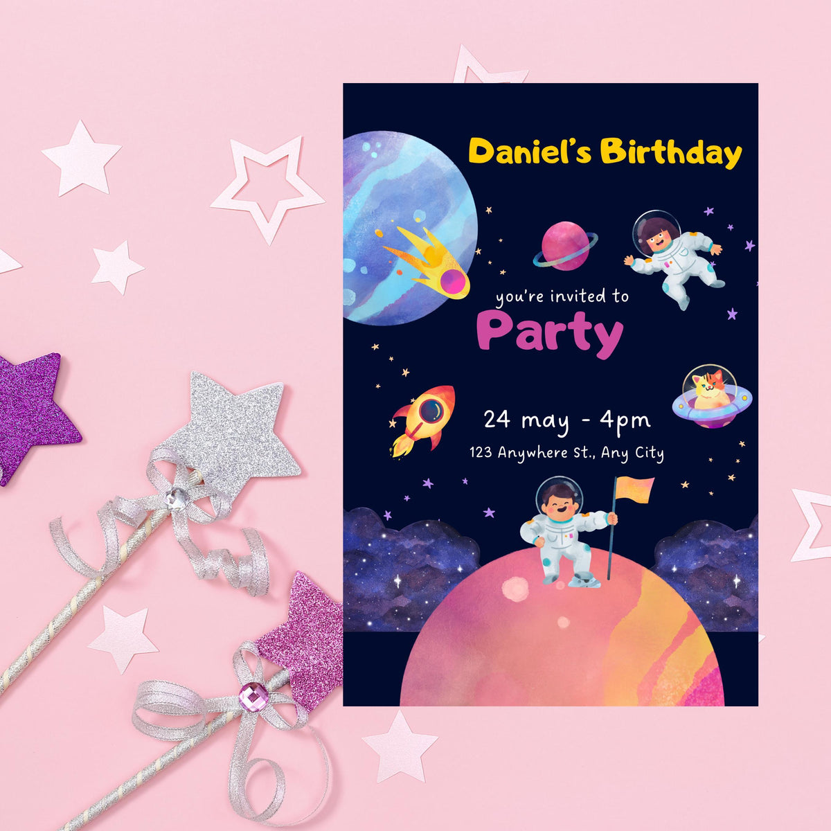 Space Birthday Party Invitation, Customizable Kids Invite for Outer Adventure