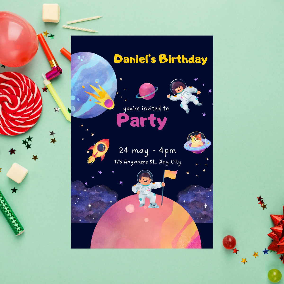 Space Birthday Party Invitation, Customizable Kids Invite for Outer Adventure
