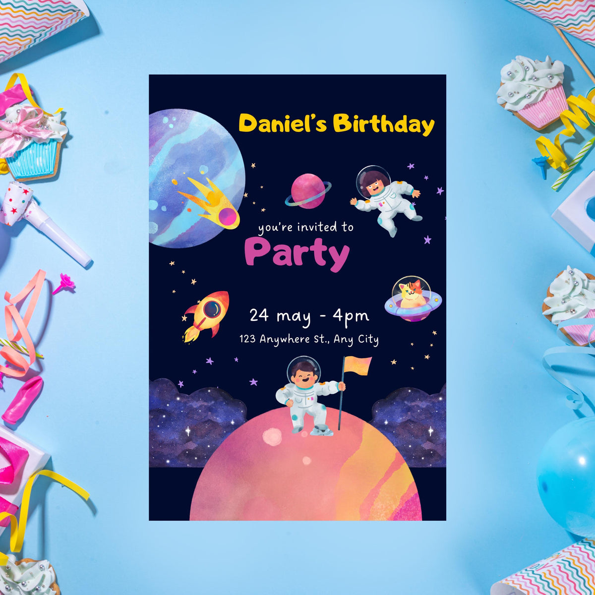 Space Birthday Party Invitation, Customizable Kids Invite for Outer Adventure
