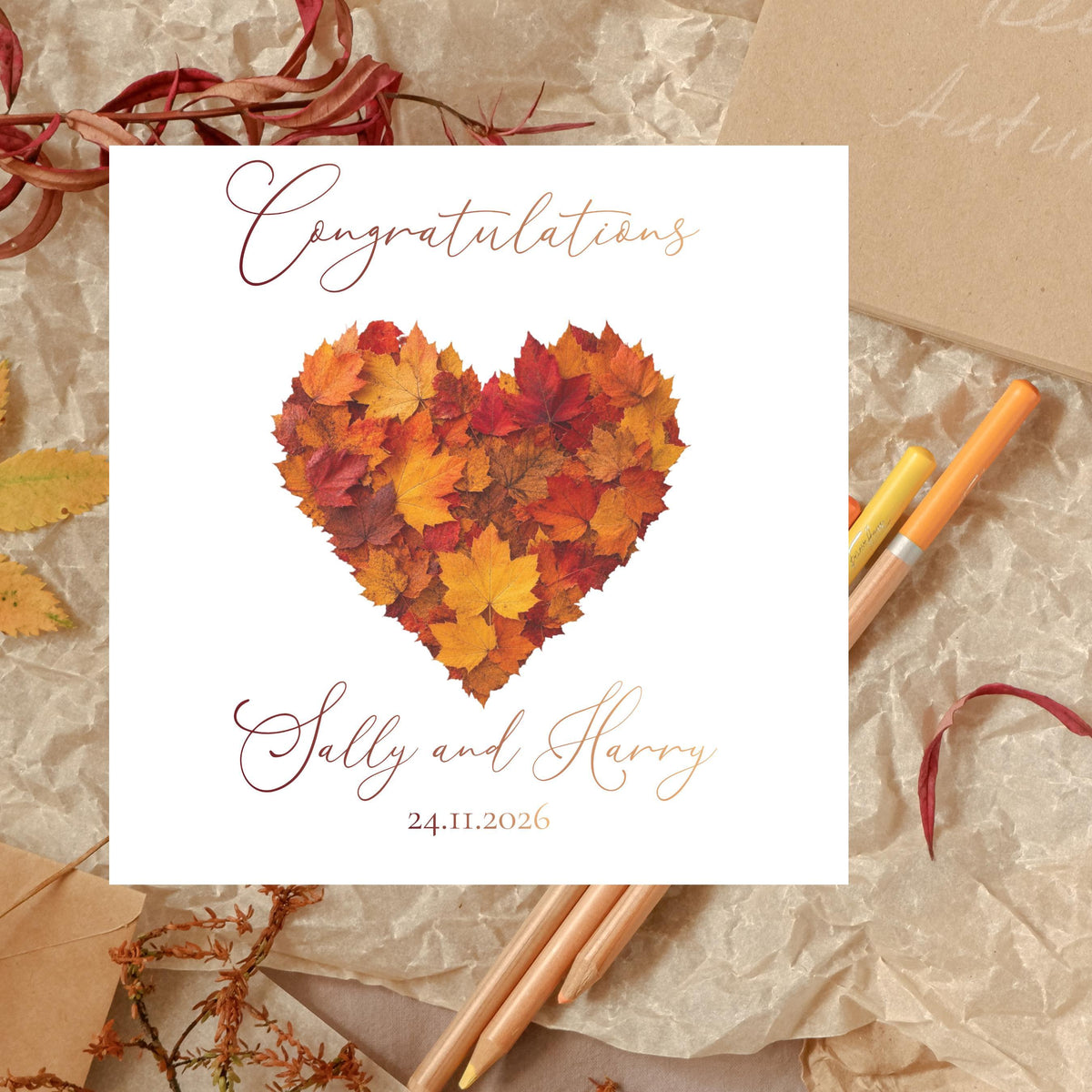 Foiled Wedding Card, Autumn Leaf Heart with Personalised Names And Date