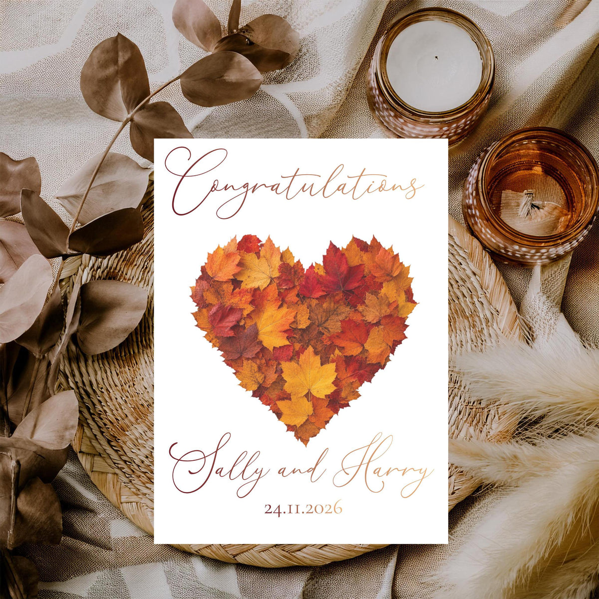 Foiled Wedding Card, Autumn Leaf Heart with Personalised Names And Date
