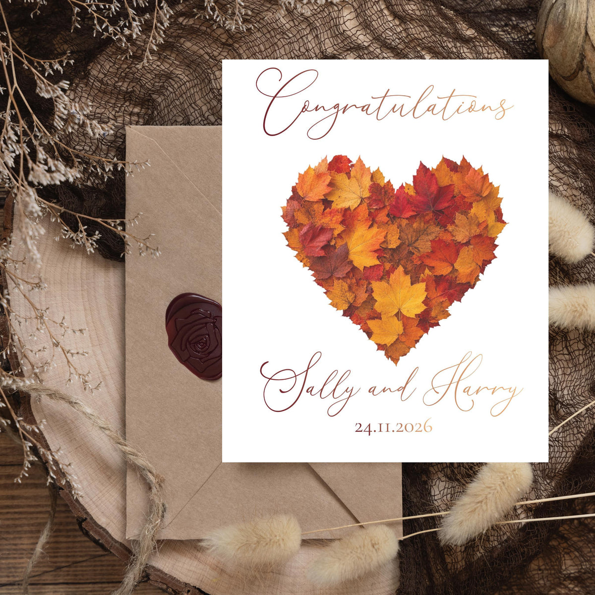 Foiled Wedding Card, Autumn Leaf Heart with Personalised Names And Date